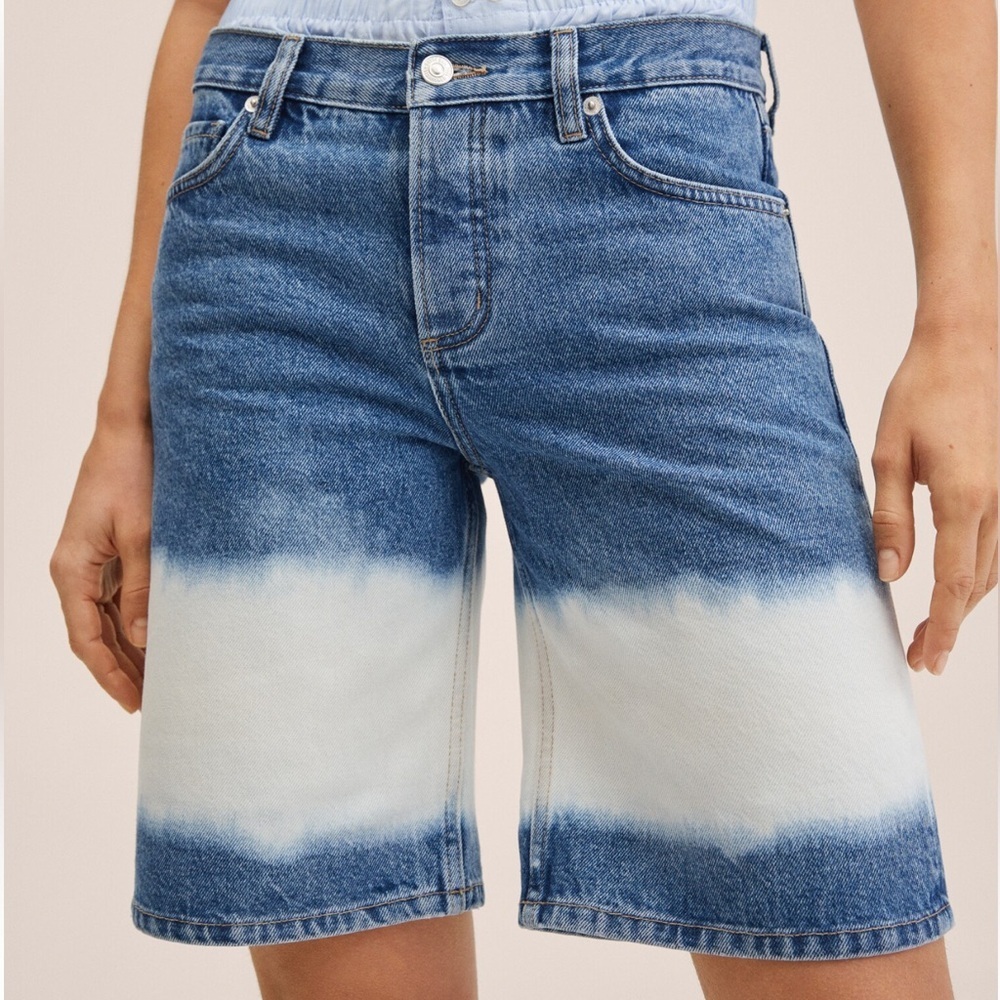 Mango‎ MNG Womens Size 2 Tie Dye Denim Bermuda Jean Shorts Button Fly NWT
